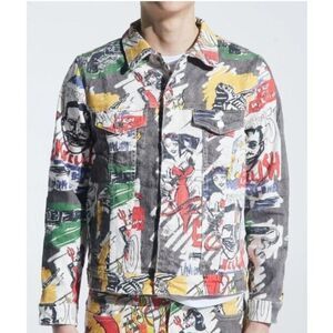Embellish NY Midnight Denim Trucker‎ Jean Jacket Mens Size XL Graphic Pop Art